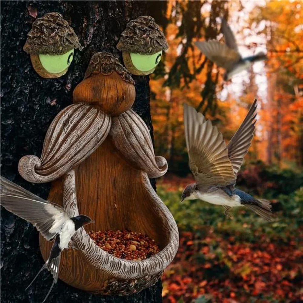 Tree Face Decor Bird Feeder Outdoor, Eyes Glow in Dark Fun Old Man Tree Hugger